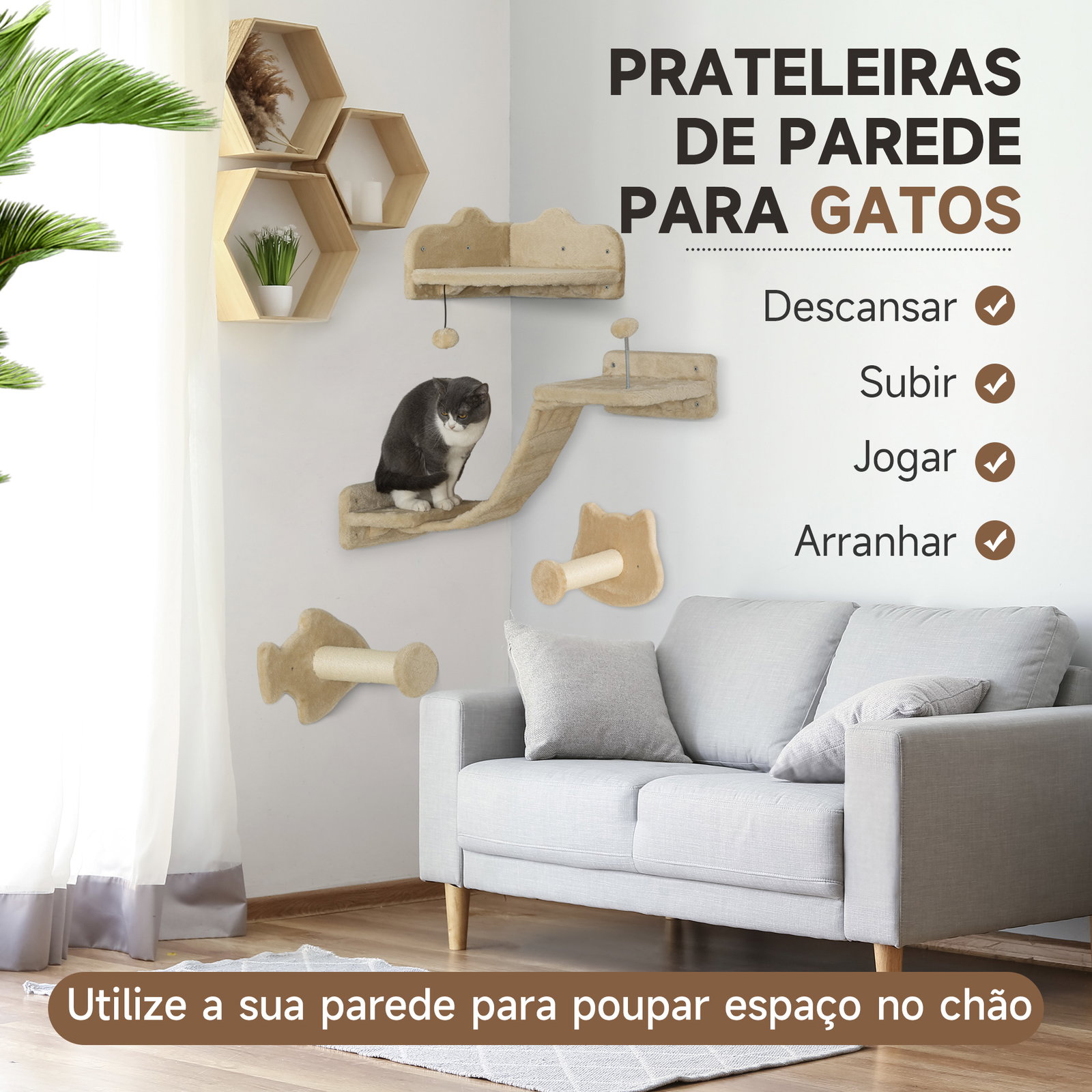 Conjunto de prateleiras de escalada para gatos de 4 peças com 2 postes de sisal e plataforma para saltar bege