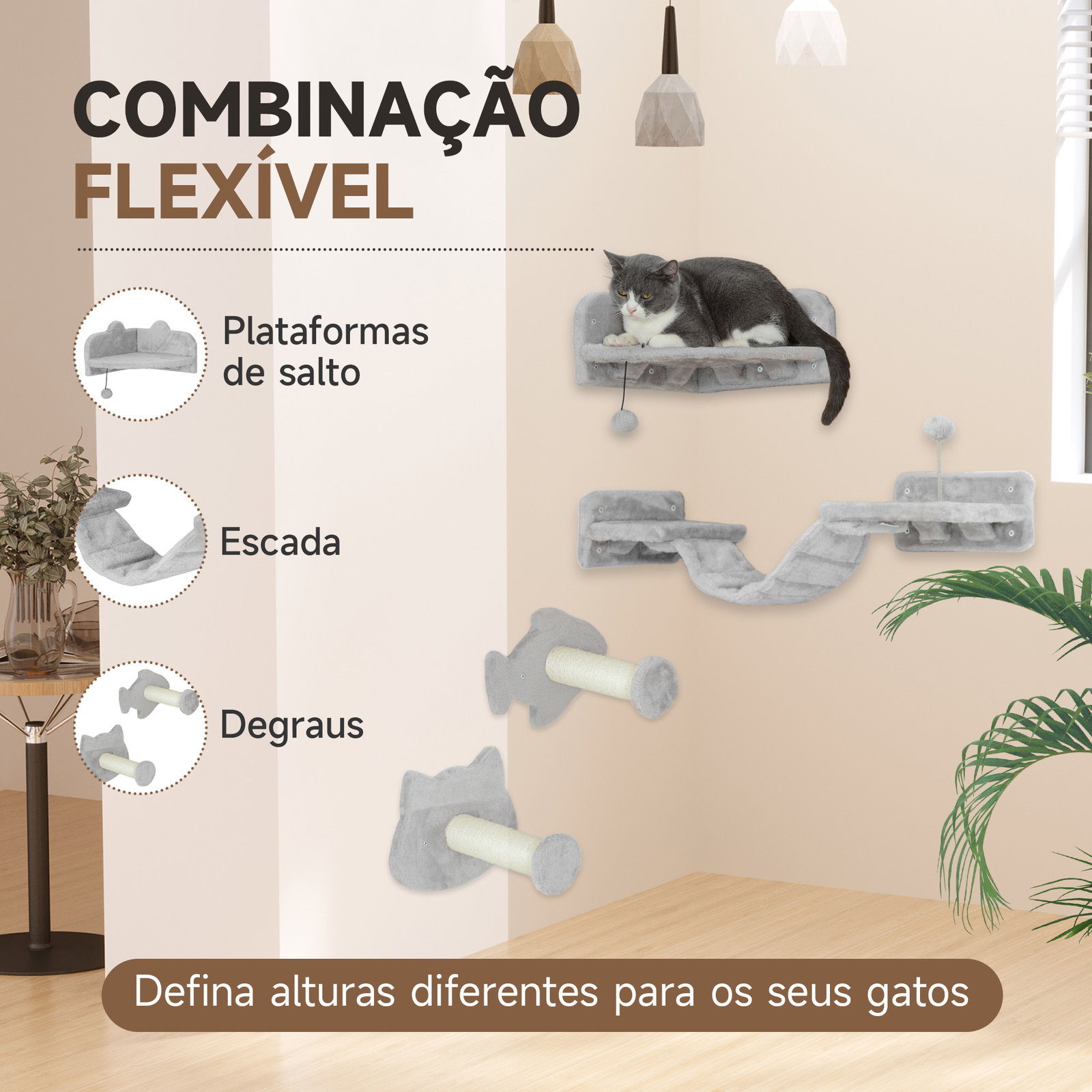Conjunto de prateleiras de escalada para gatos de 4 peças com 2 postes de sisal e plataforma para saltar bege