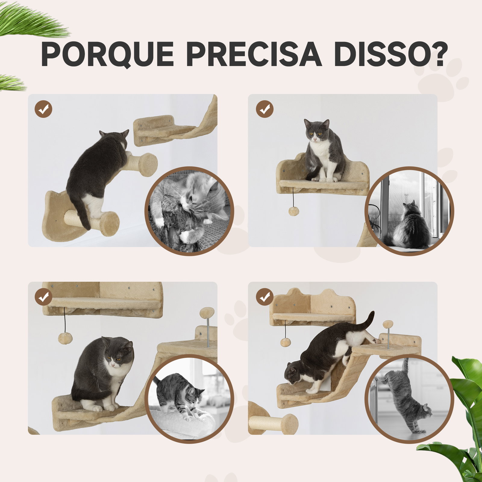 Conjunto de prateleiras de escalada para gatos de 4 peças com 2 postes de sisal e plataforma para saltar bege