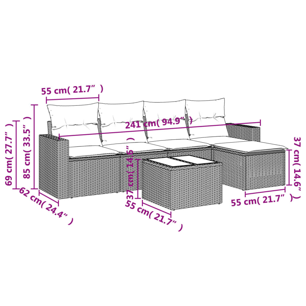 6 Pcs conjunto de sofás p/ jardim com almofadões vime PE bege