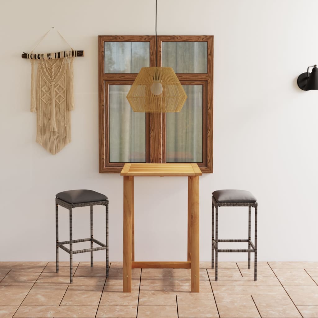 3 Pcs conjunto de bar para jardim com almofadões cinzento