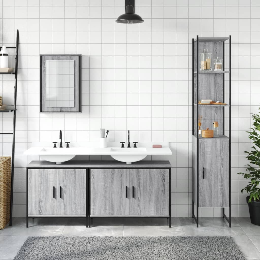 4 Pcs conjunto móveis casa de banho madeira proc. cinza sonoma