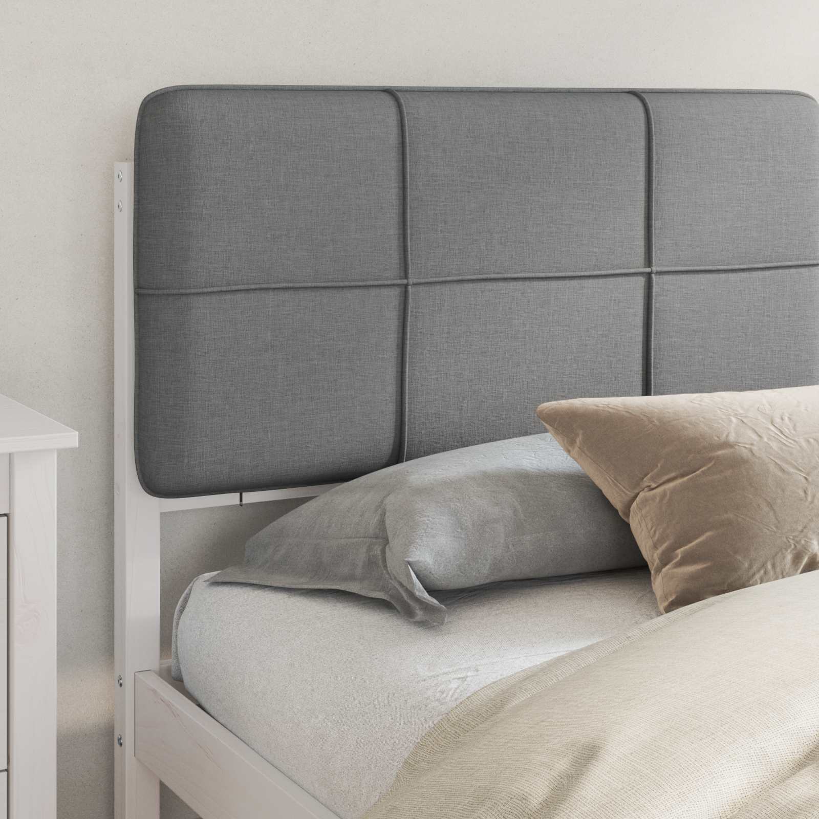 Estrutura de cama com cabeceira estofada cinzento-claro