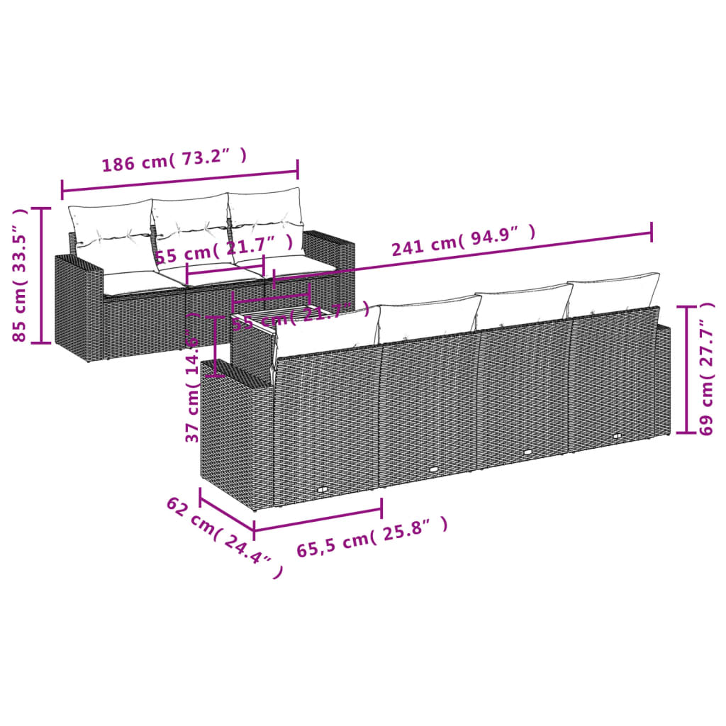 8 Pcs conjunto de sofás p/ jardim com almofadões vime PE bege