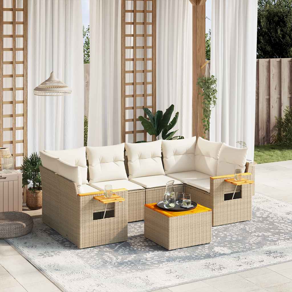 7 Pcs conjunto de sofás p/ jardim com almofadões vime PE bege