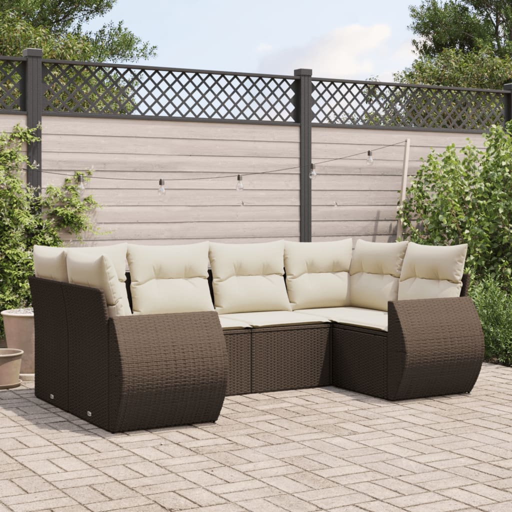 6 Pcs conjunto de sofás jardim c/ almofadões vime PE castanho