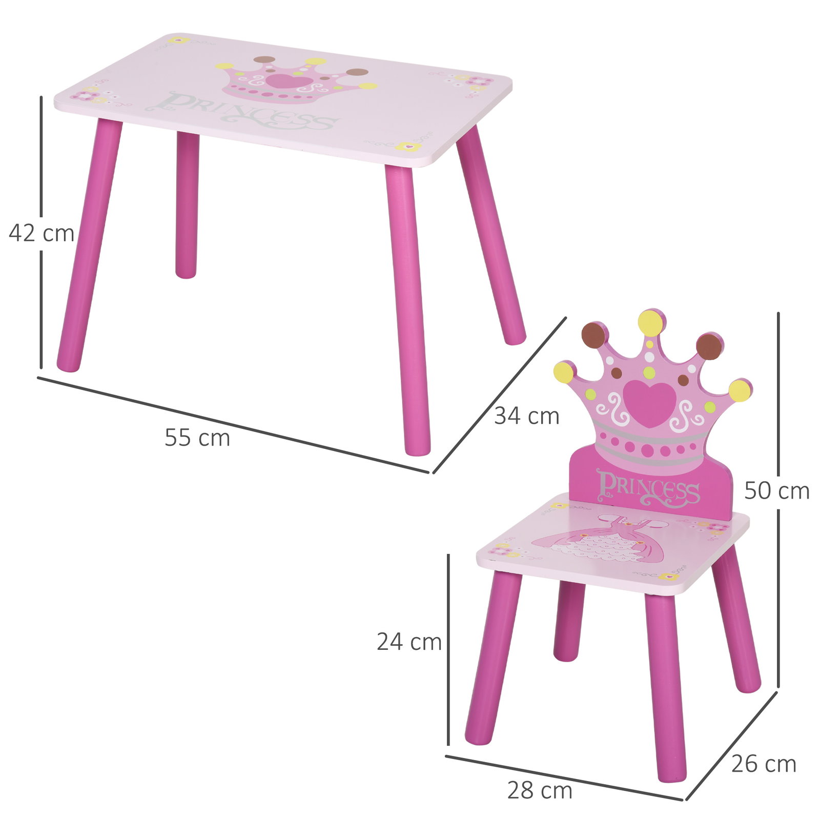 Conjunto de Mesa e 2 Cadeiras Infantis de madeira para crianças acima de 2 anos Set de Mesa 55x34x42cm e Cadeiras 28x26x50cm Ros