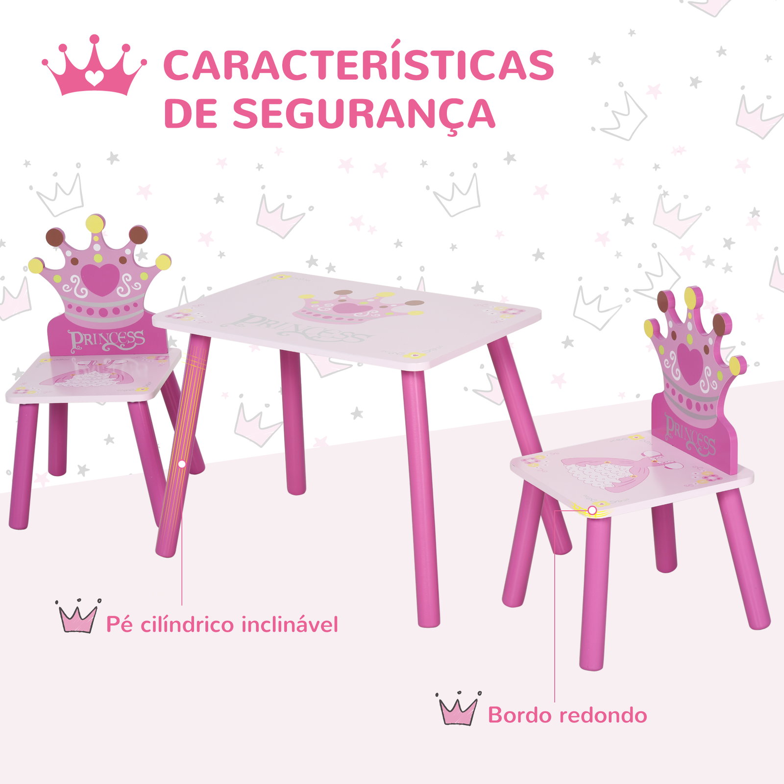 Conjunto de Mesa e 2 Cadeiras Infantis de madeira para crianças acima de 2 anos Set de Mesa 55x34x42cm e Cadeiras 28x26x50cm Ros