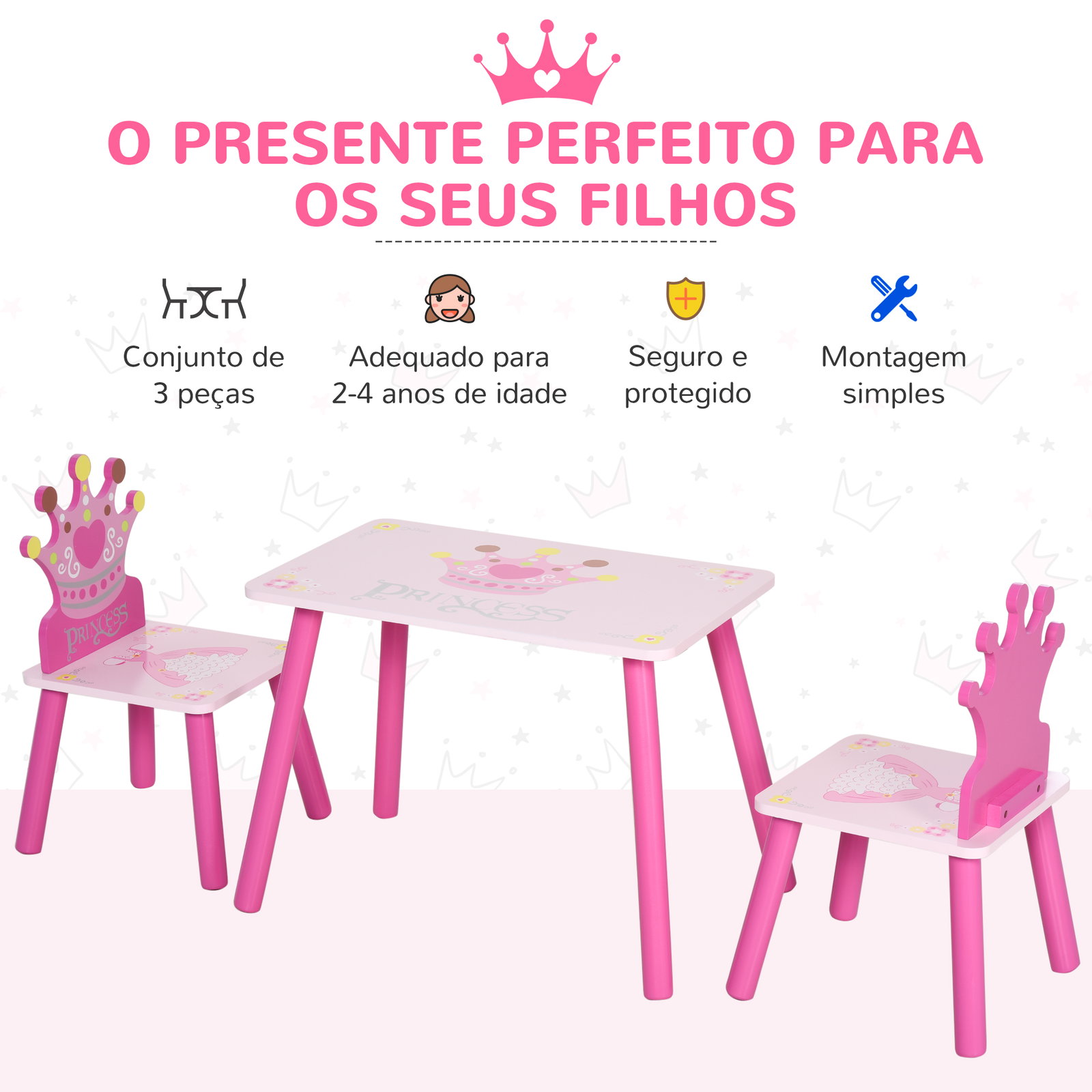 Conjunto de Mesa e 2 Cadeiras Infantis de madeira para crianças acima de 2 anos Set de Mesa 55x34x42cm e Cadeiras 28x26x50cm Ros