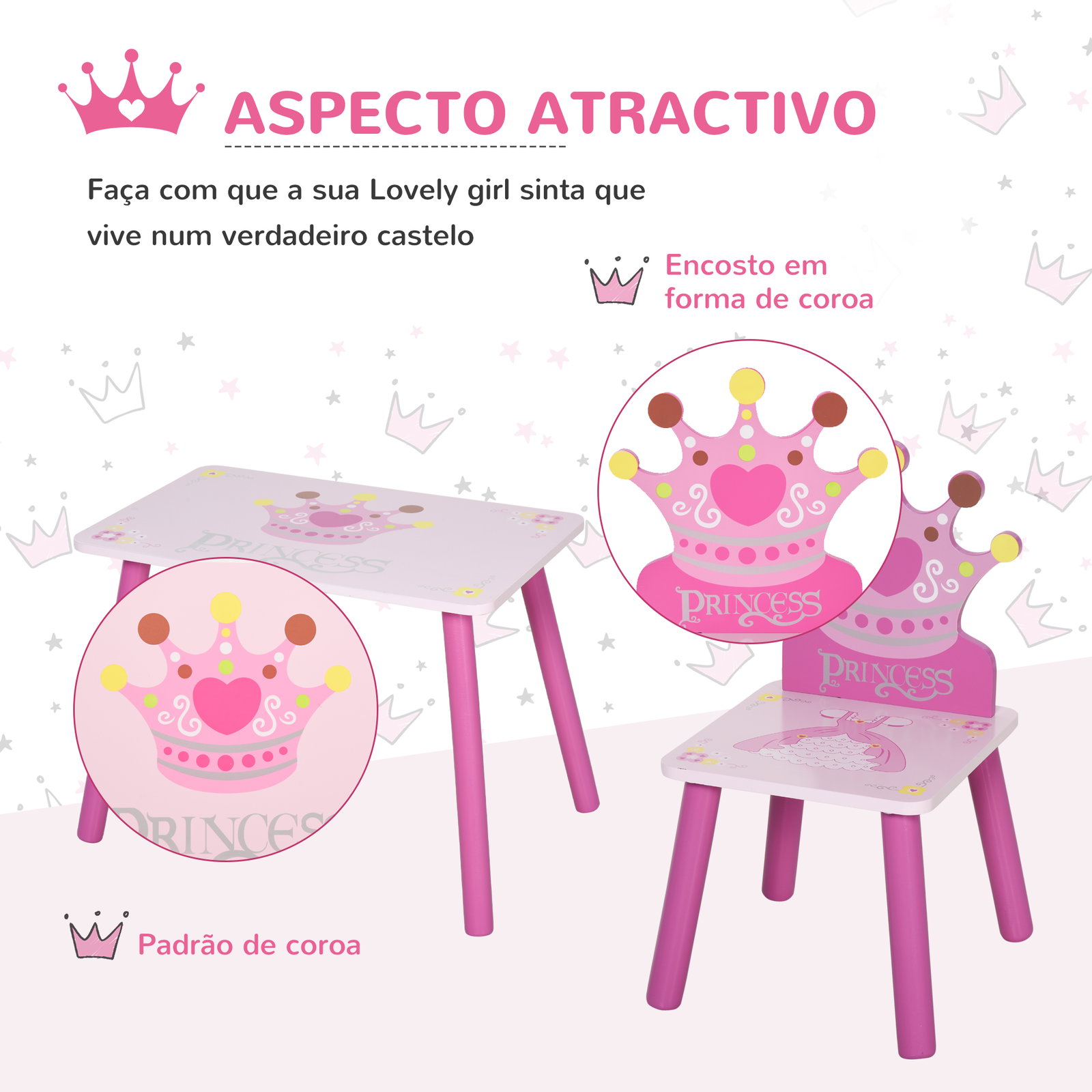 Conjunto de Mesa e 2 Cadeiras Infantis de madeira para crianças acima de 2 anos Set de Mesa 55x34x42cm e Cadeiras 28x26x50cm Ros