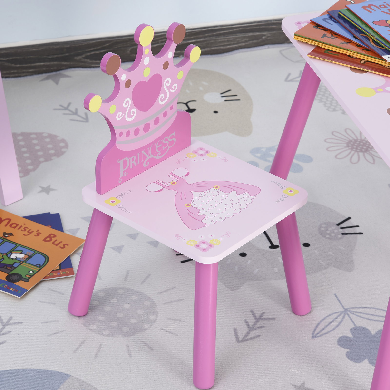 Conjunto de Mesa e 2 Cadeiras Infantis de madeira para crianças acima de 2 anos Set de Mesa 55x34x42cm e Cadeiras 28x26x50cm Ros