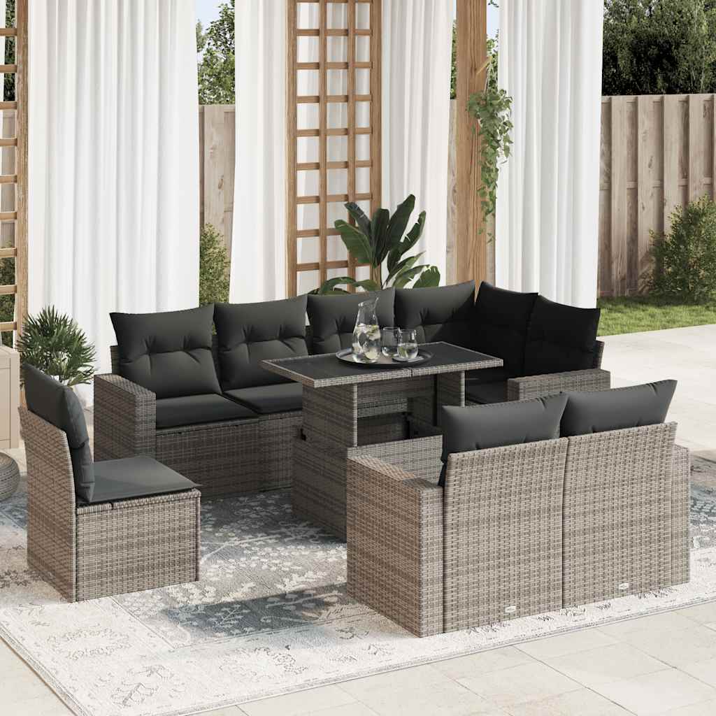 9 Pcs conjunto sofás p/ jardim com almofadões vime PE cinzento