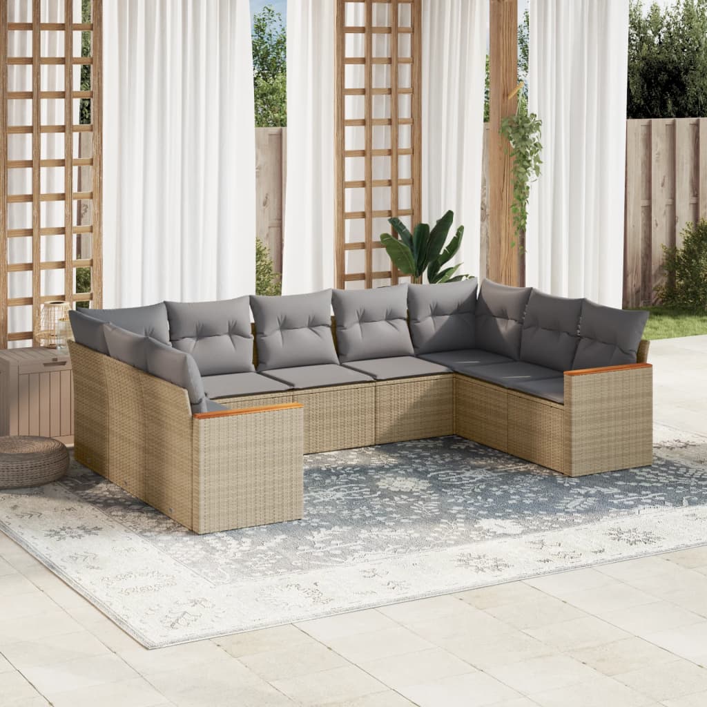 9 Pcs conj. sofás jardim c/ almofadões vime PE bege misturado