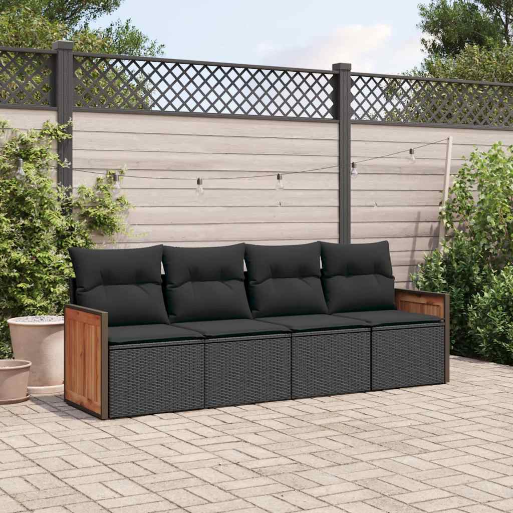 4 Pcs conjunto de sofás para jardim c/ almofadões vime PE preto