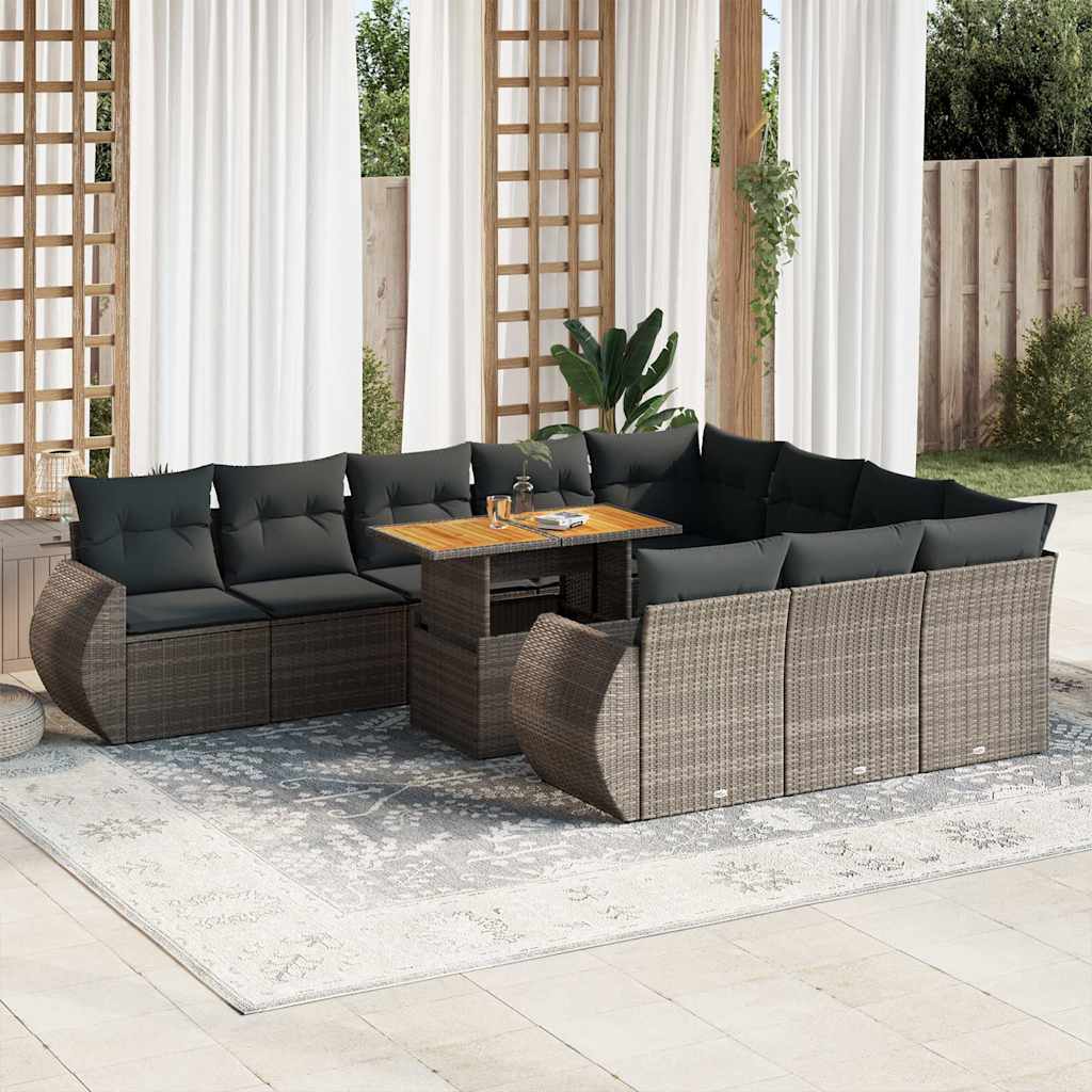 11 Pcs conjunto sofás de jardim c/ almofadões vime PE cinzento