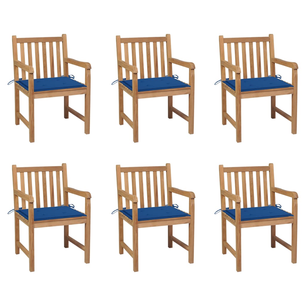 Cadeiras de jardim c/ almofadões azul real 6 pcs teca maciça
