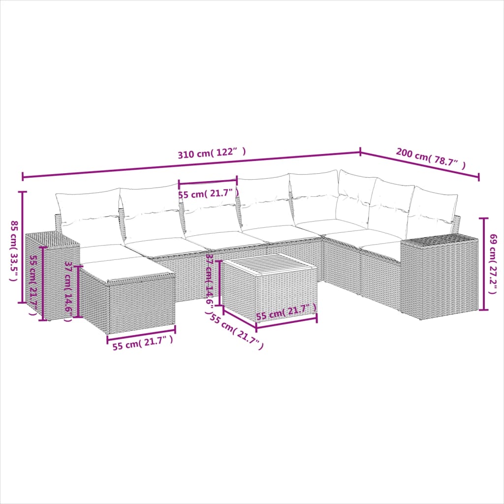 9 Pcs conjunto sofás p/ jardim com almofadões vime PE cinzento