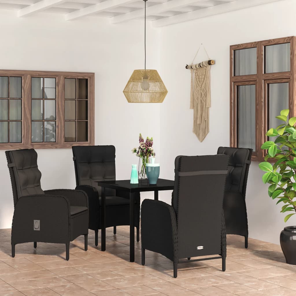 5 Pcs conjunto de jantar p/ jardim c/ almofadões preto