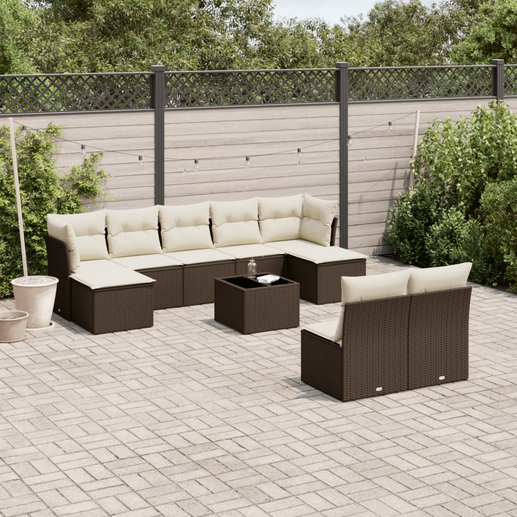 10 Pcs conj. sofás jardim com almofadões vime PE castanho