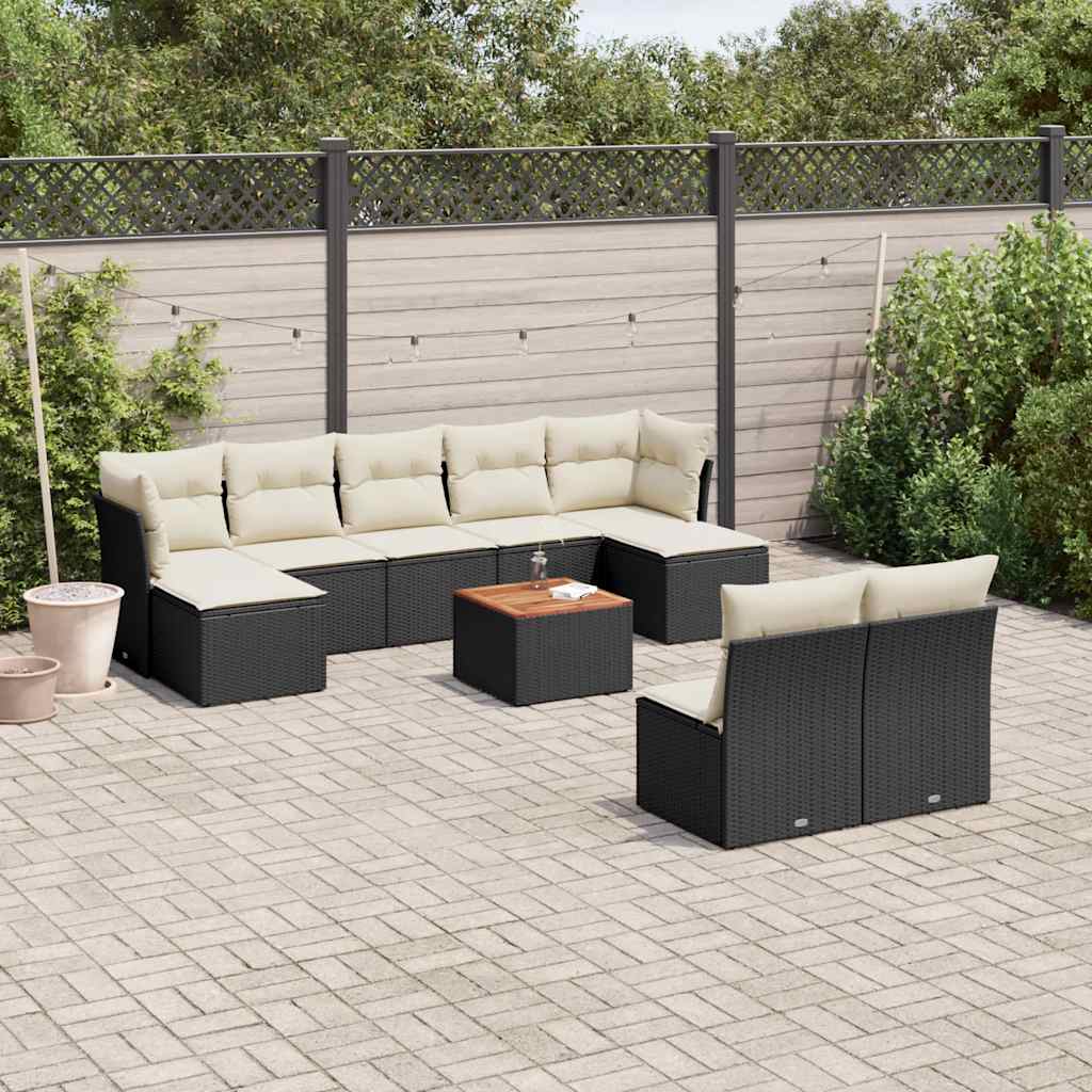 10 Pcs conjunto sofás de jardim c/ almofadões vime PE preto