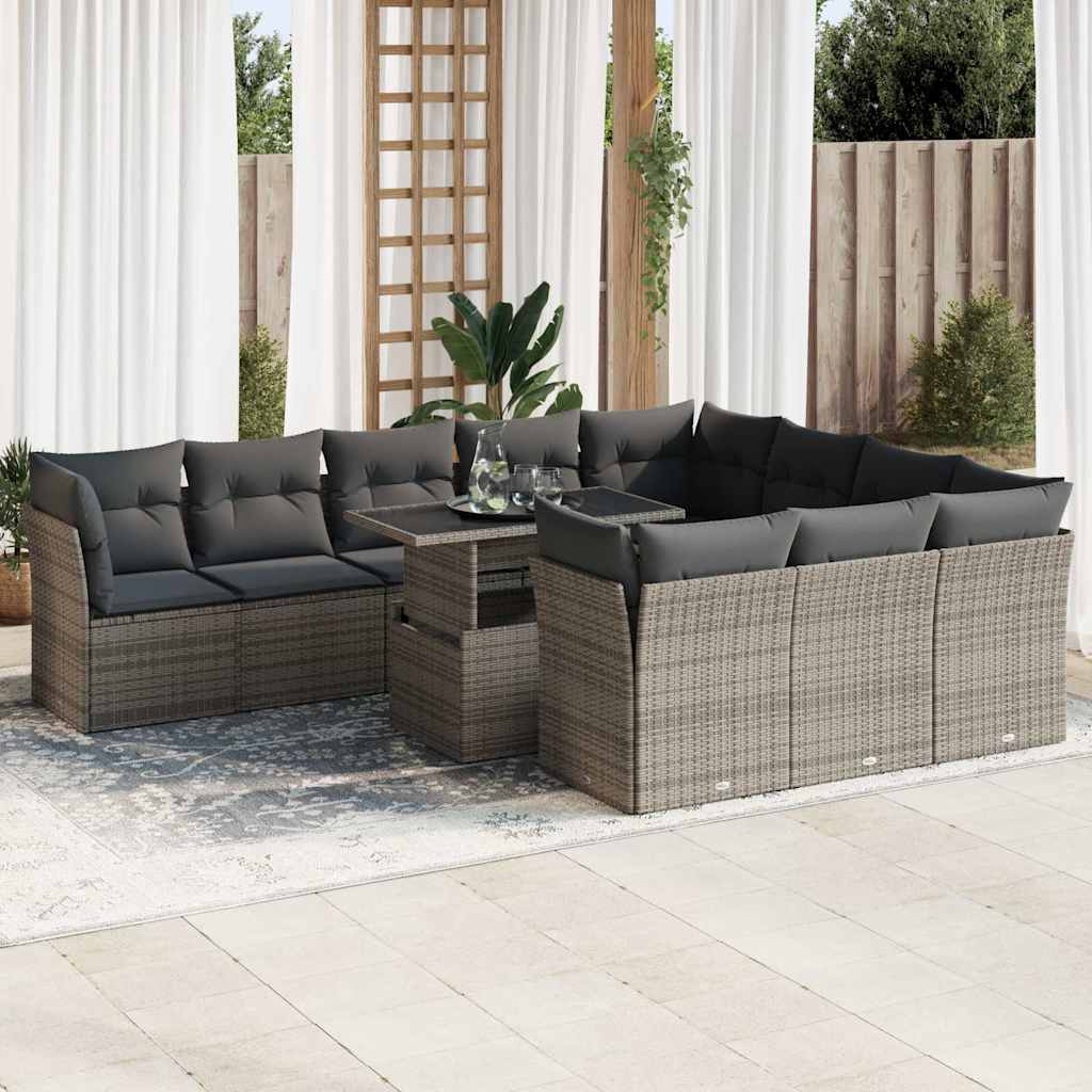 11 Pcs conjunto sofás de jardim c/ almofadões vime PE cinzento