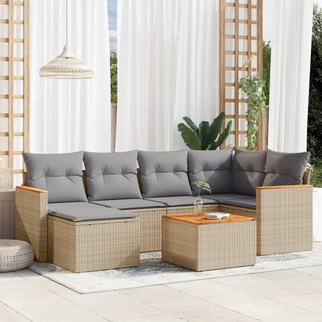 7 Pcs conj. sofás jardim c/ almofadões vime PE bege misturado