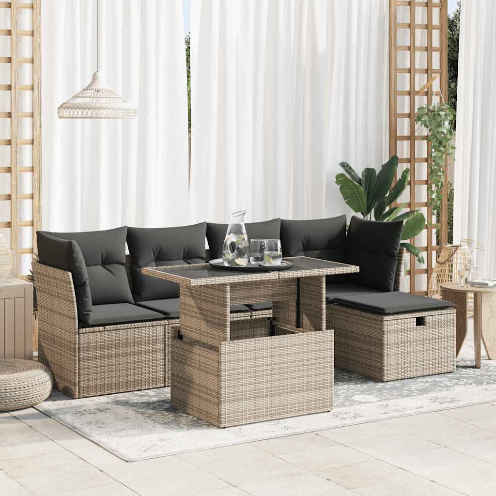 6 Pcs conjunto sofás de jardim com almofadões vime cinzento