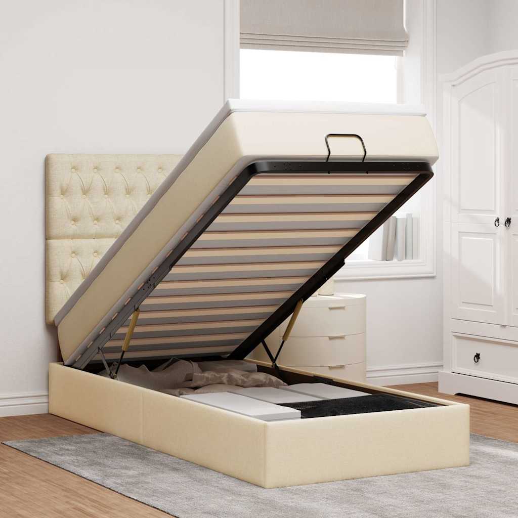 Cama otomana com colchão 100x200 cm tecido creme