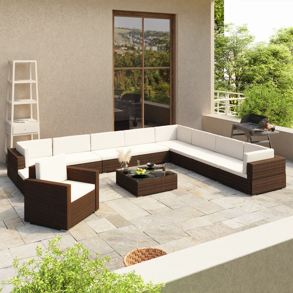 12 Pcs conjunto lounge jardim c/ almofadões vime PE castanho