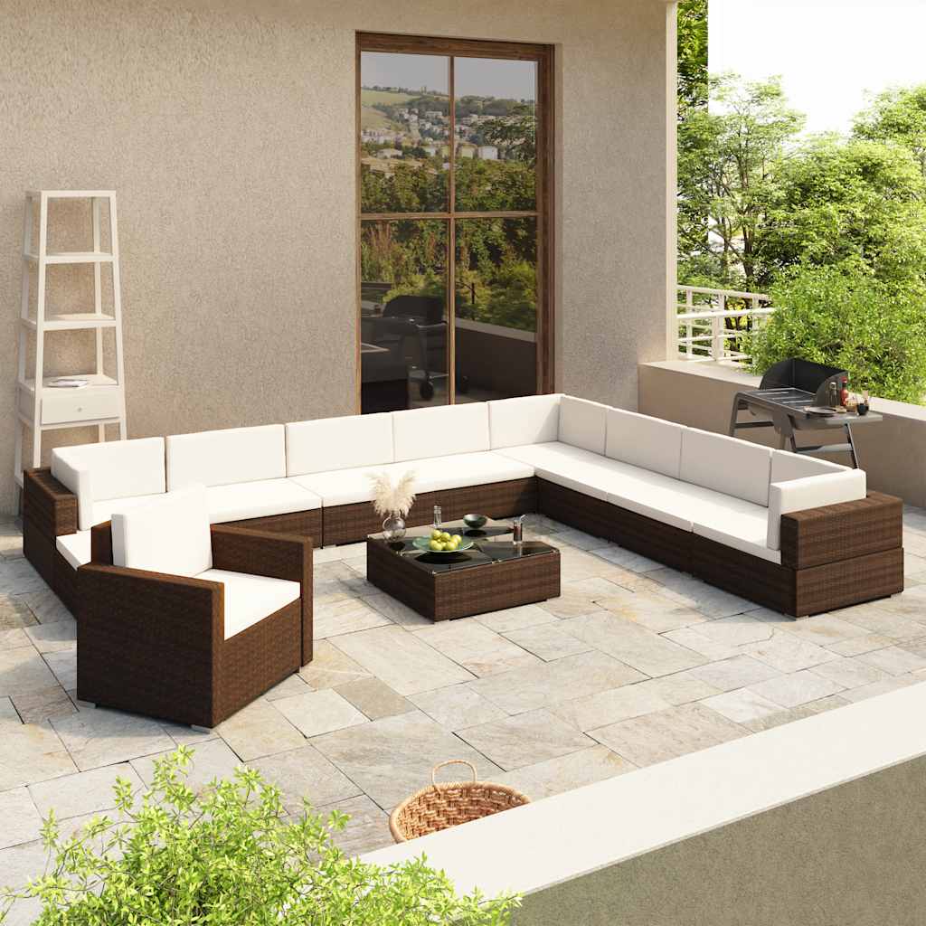 12 Pcs conjunto lounge jardim c/ almofadões vime PE castanho