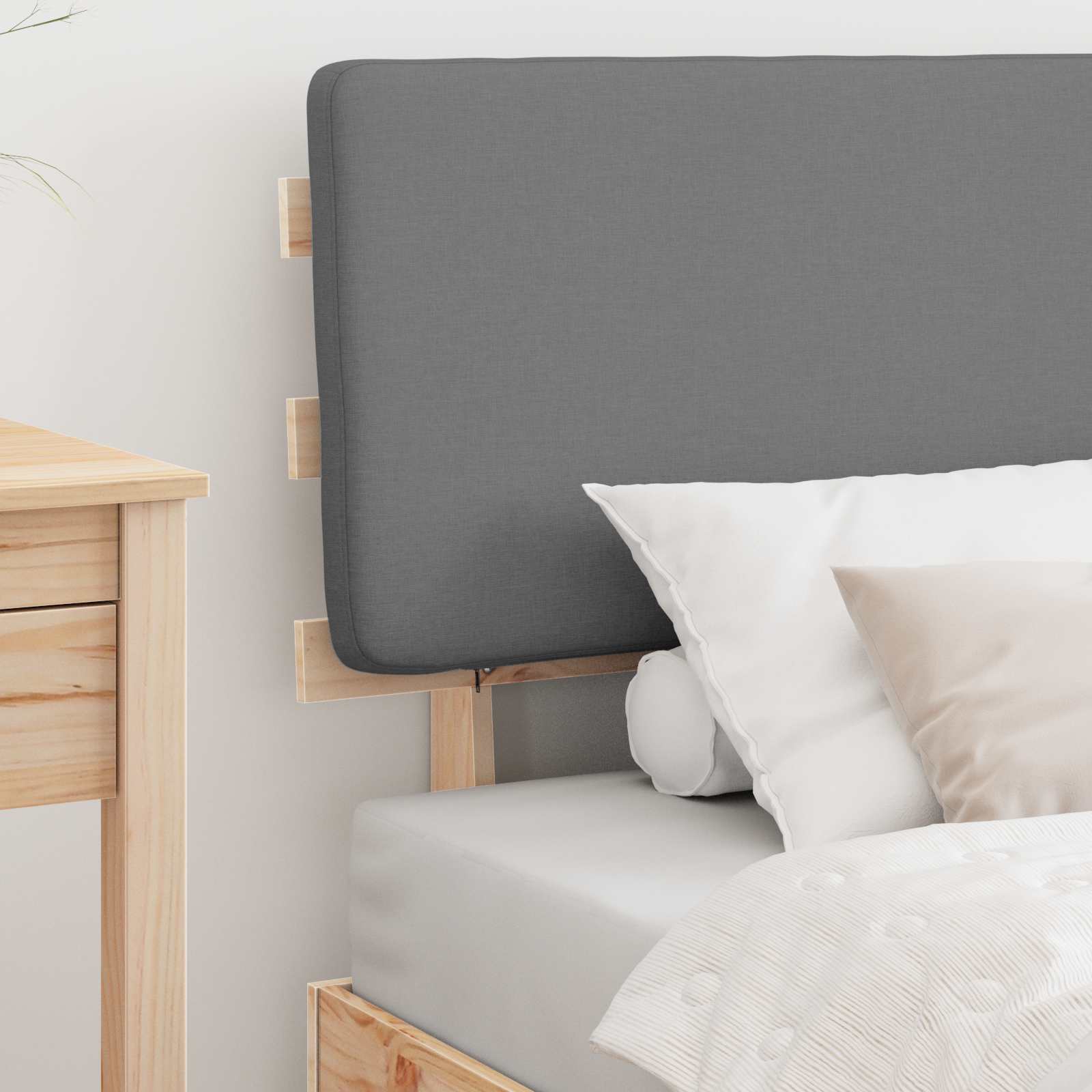 Estrutura de cama com cabeceira estofada cinzento-claro