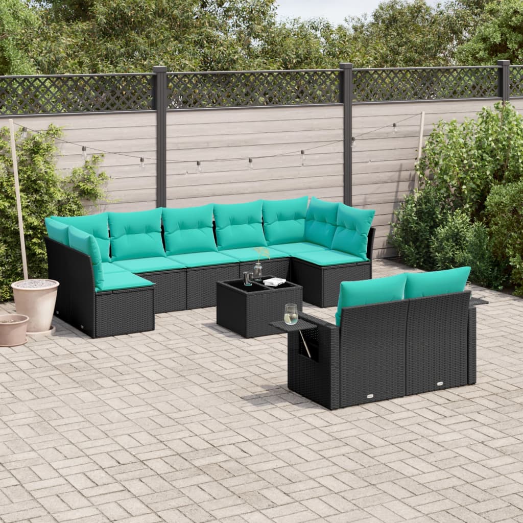 Conjunto de sofá de jardim com 10 peças e almofadas em rattan sintético preto