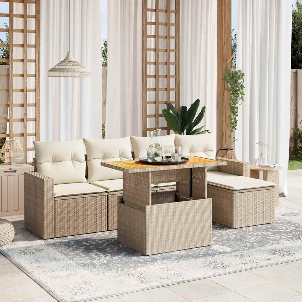 6 Pcs conjunto de sofás p/ jardim com almofadões vime PE bege