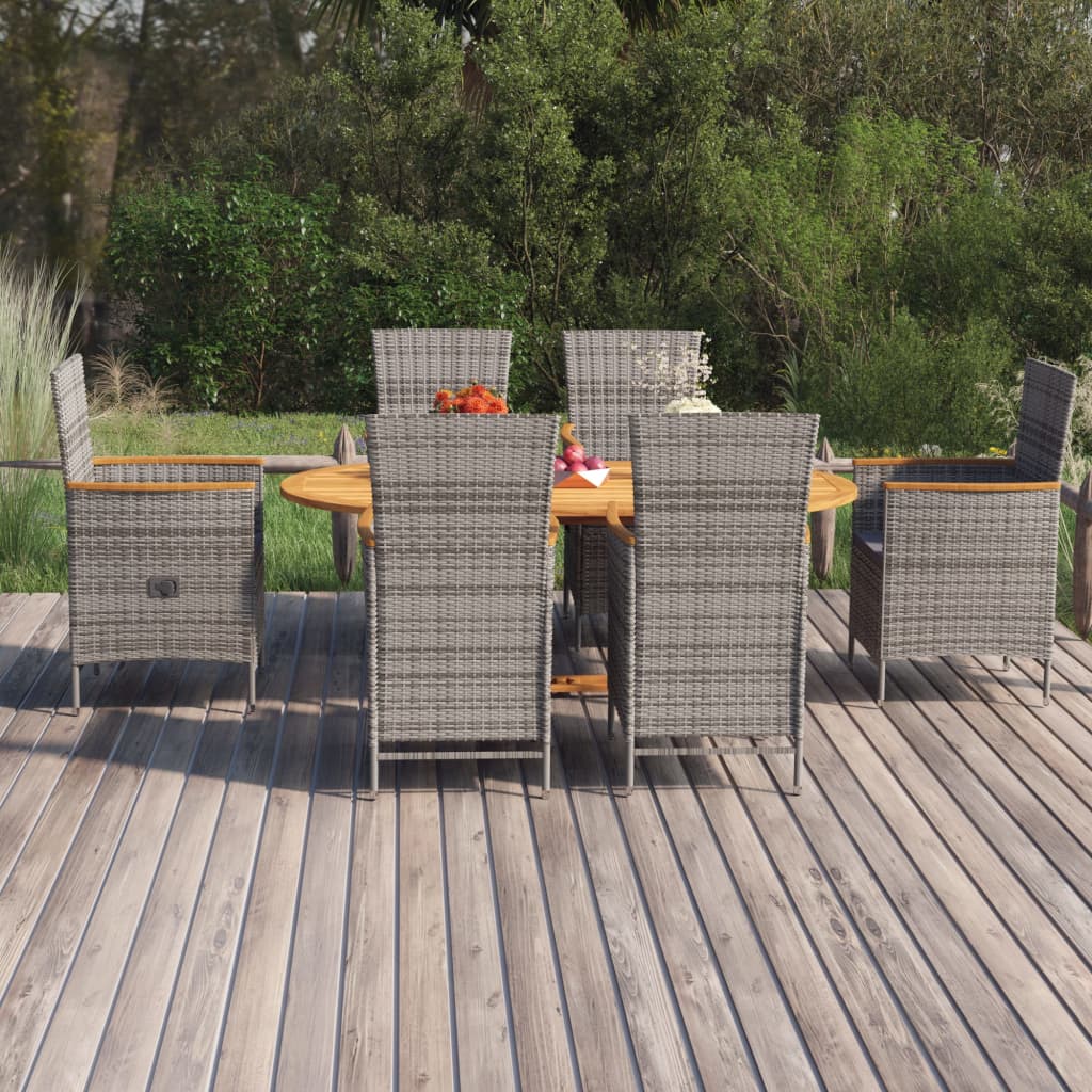 7 Pcs conjunto de jantar para jardim vime PE cinzento