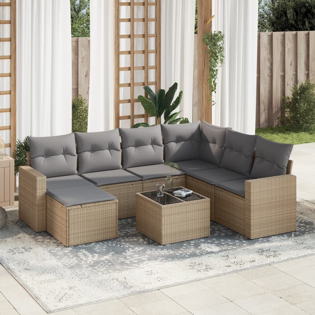 8 Pcs conjunto de sofás p/ jardim com almofadões vime PE bege