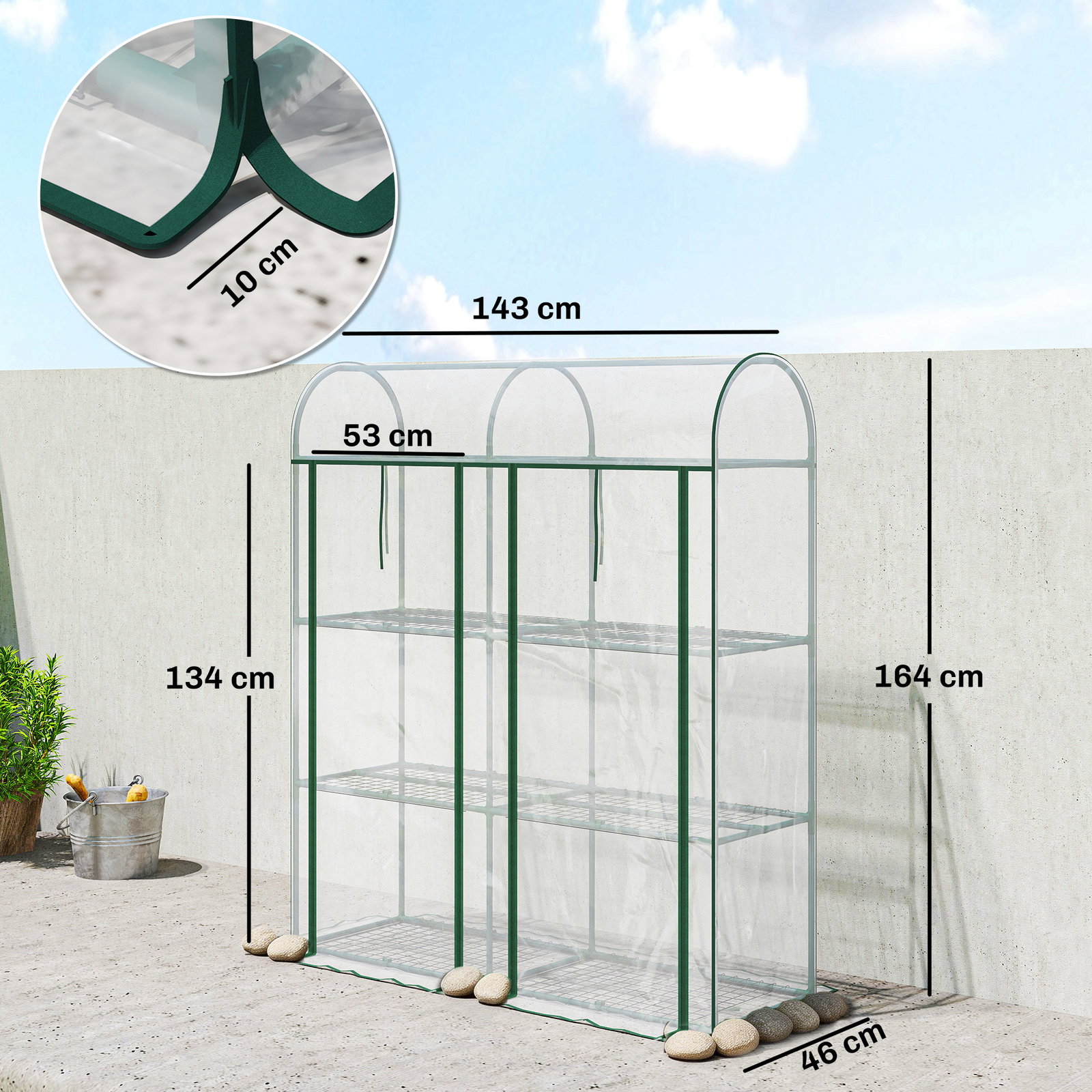 Estufa pequena de 3 níveis 2 portas enroláveis estrutura de aço cobertura de plástico 143x46x164 cm transparente
