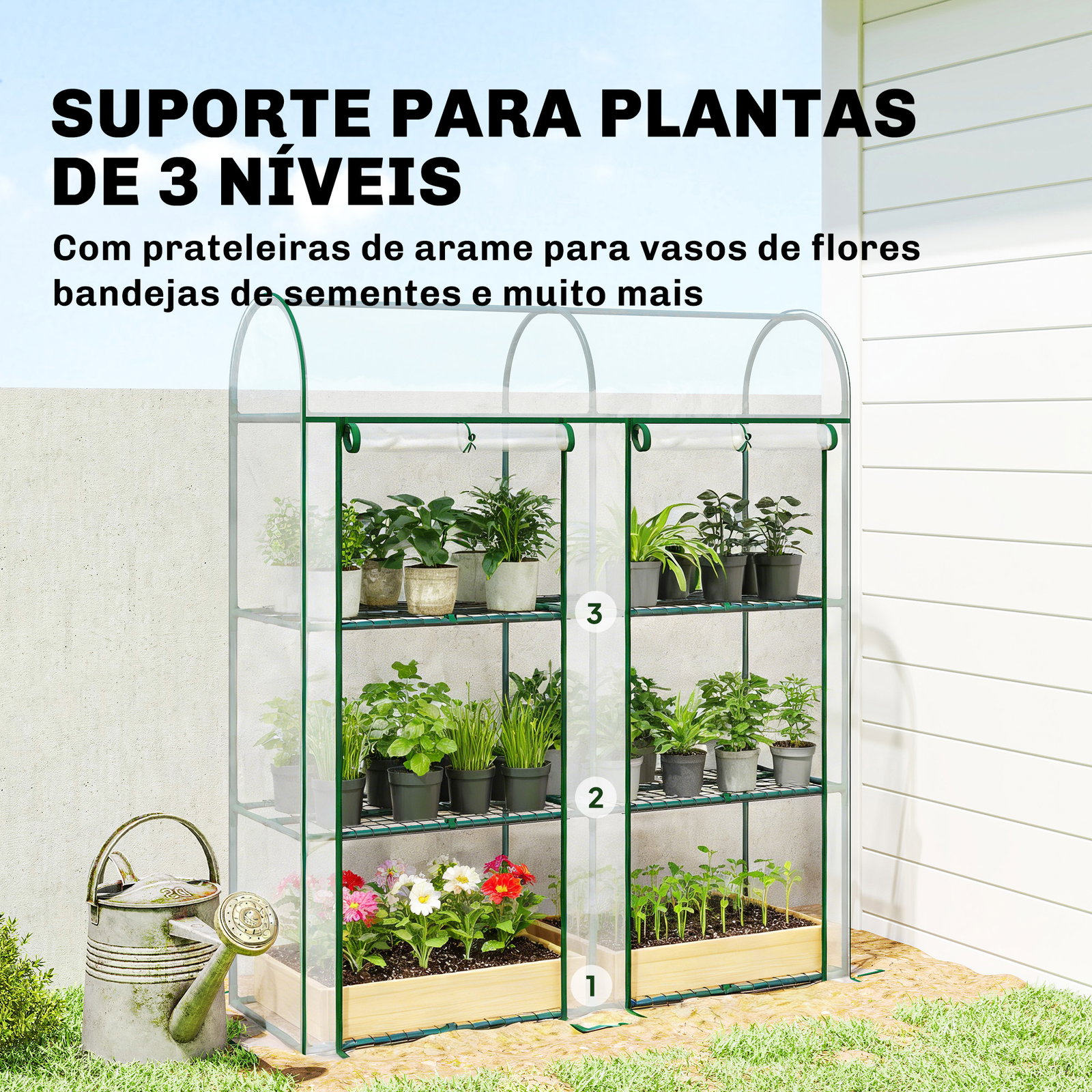 Estufa pequena de 3 níveis 2 portas enroláveis estrutura de aço cobertura de plástico 143x46x164 cm transparente