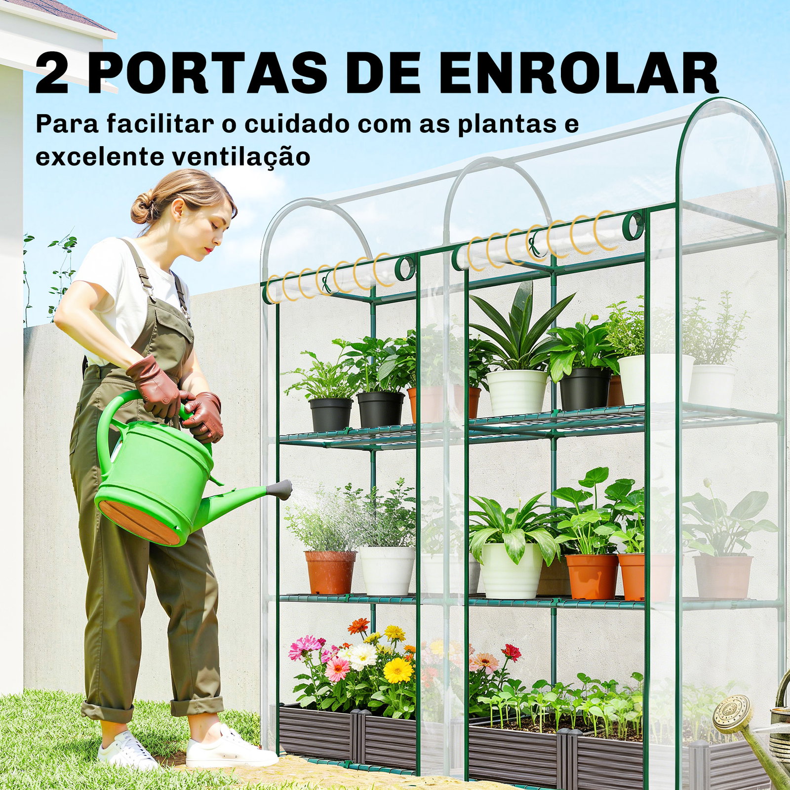 Estufa pequena de 3 níveis 2 portas enroláveis estrutura de aço cobertura de plástico 143x46x164 cm transparente