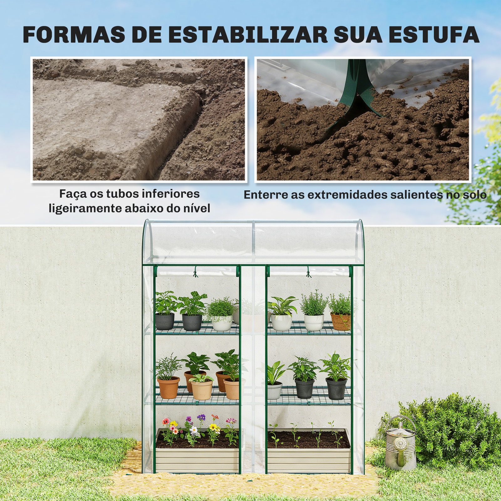 Estufa pequena de 3 níveis 2 portas enroláveis estrutura de aço cobertura de plástico 143x46x164 cm transparente