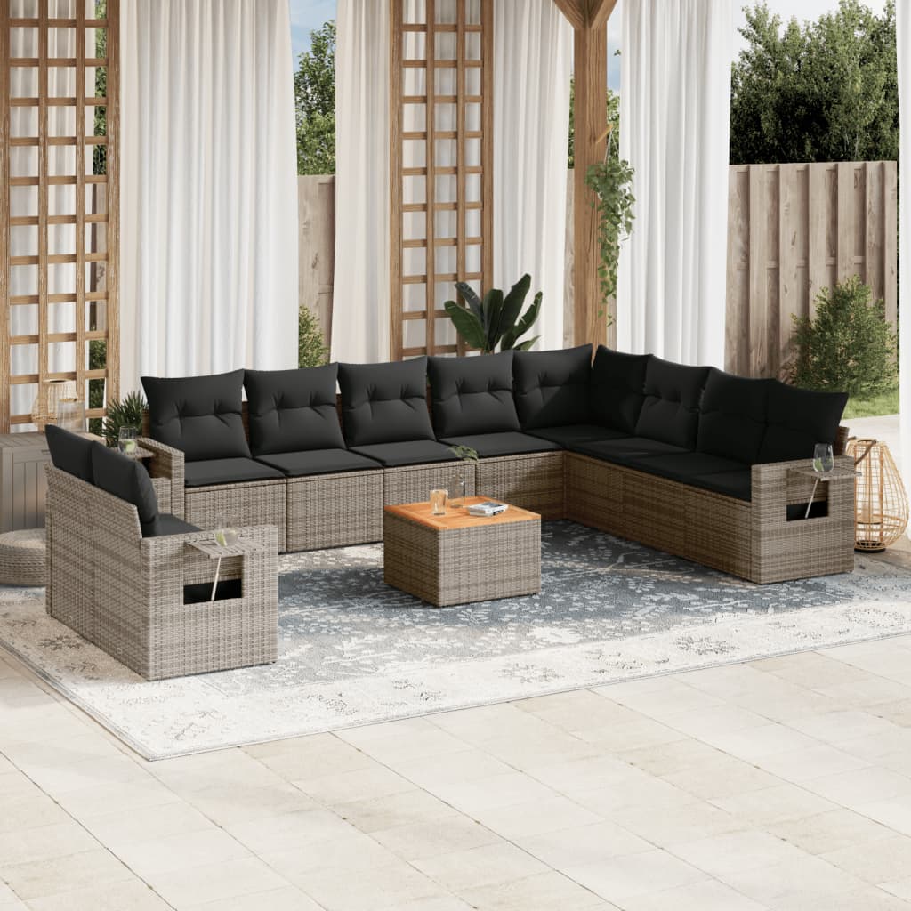 11 Pcs conjunto sofás de jardim c/ almofadões vime PE cinzento