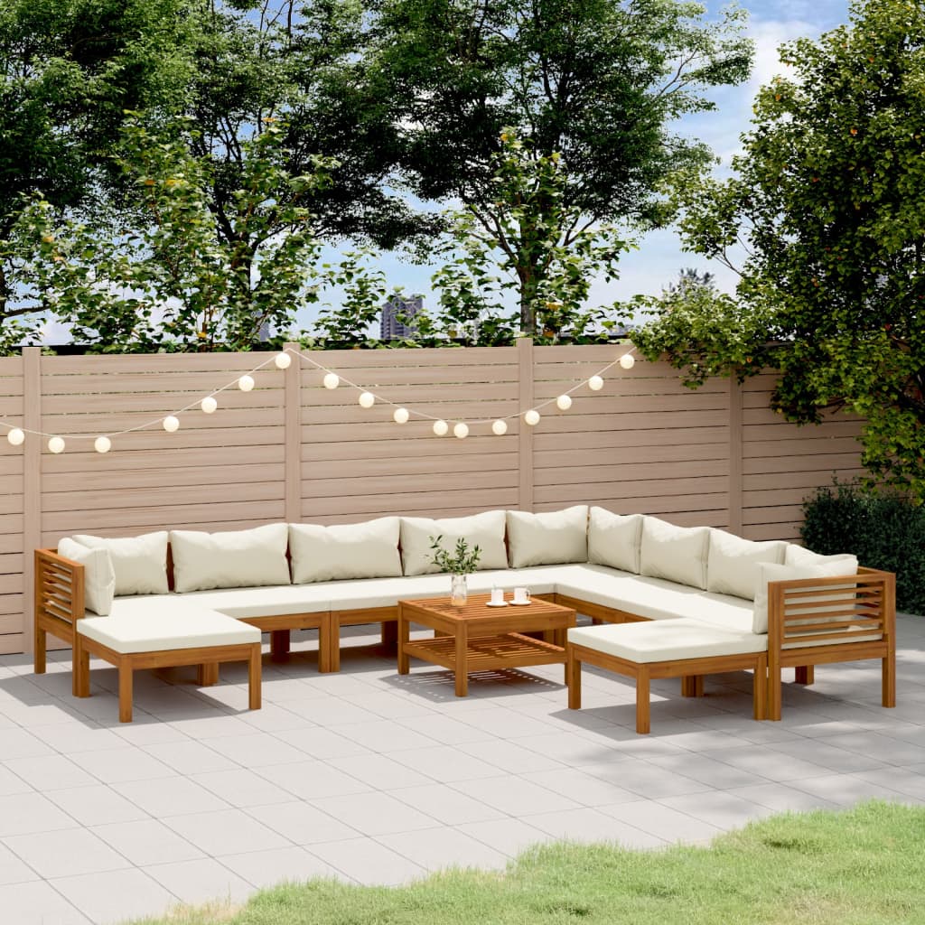 11 Pcs conjunto lounge jardim c/ almofadões creme acácia maciça