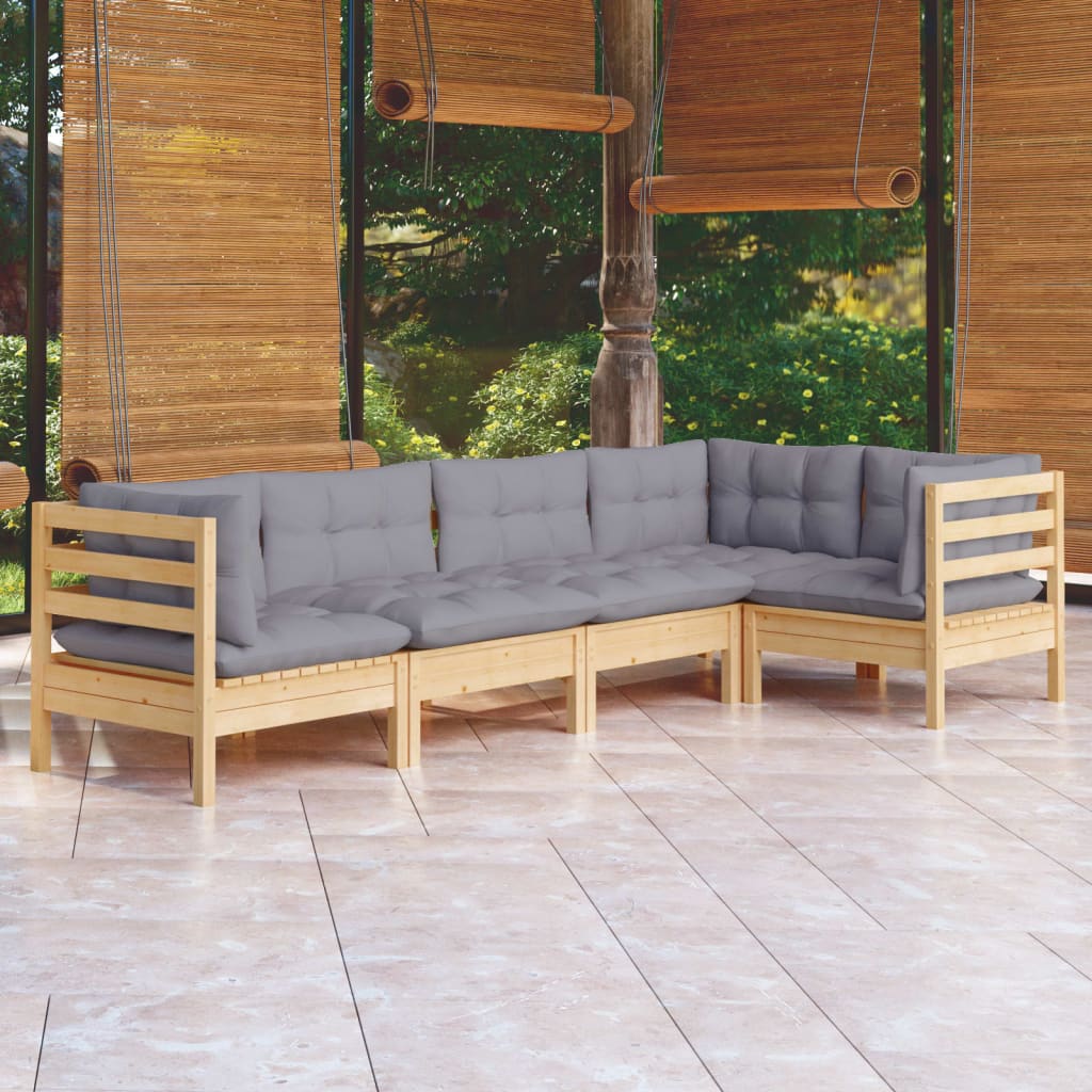 5 Pcs conjunto lounge de jardim c/ almofadões cinza pinho