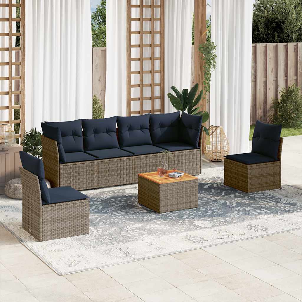 7 Pcs conjunto sofás p/ jardim c/ almofadões vime PE cinzento