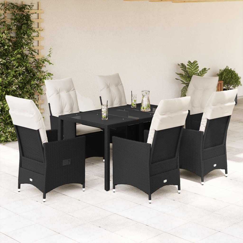 7 Pcs conjunto de jantar p/ jardim c/ almofadões vime PE preto