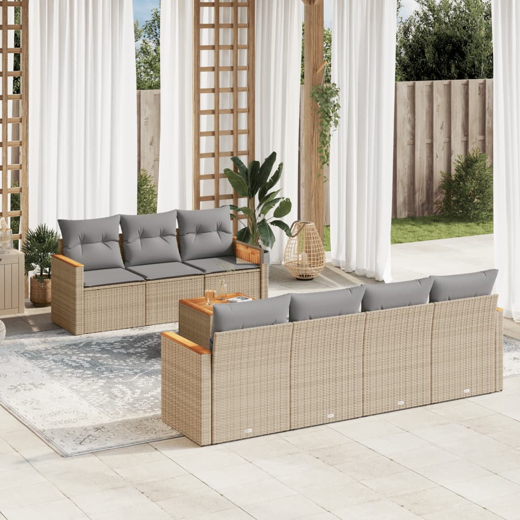 8 Pcs conj. sofás jardim c/ almofadões vime PE bege misturado