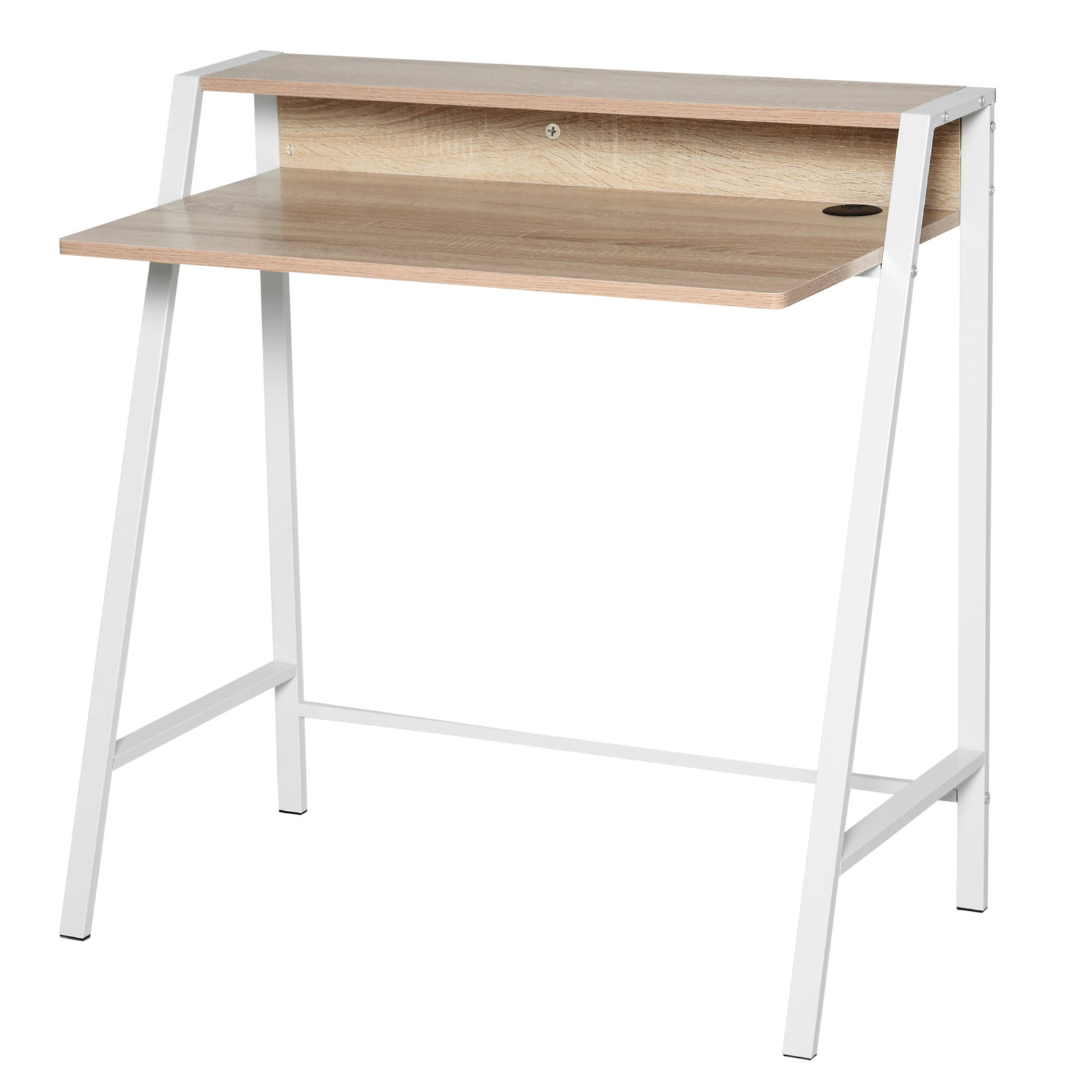 Secretária mesa de computador 84x45x85cm com bancada de madeira e pés de metal estilo moderno carvalho e branco