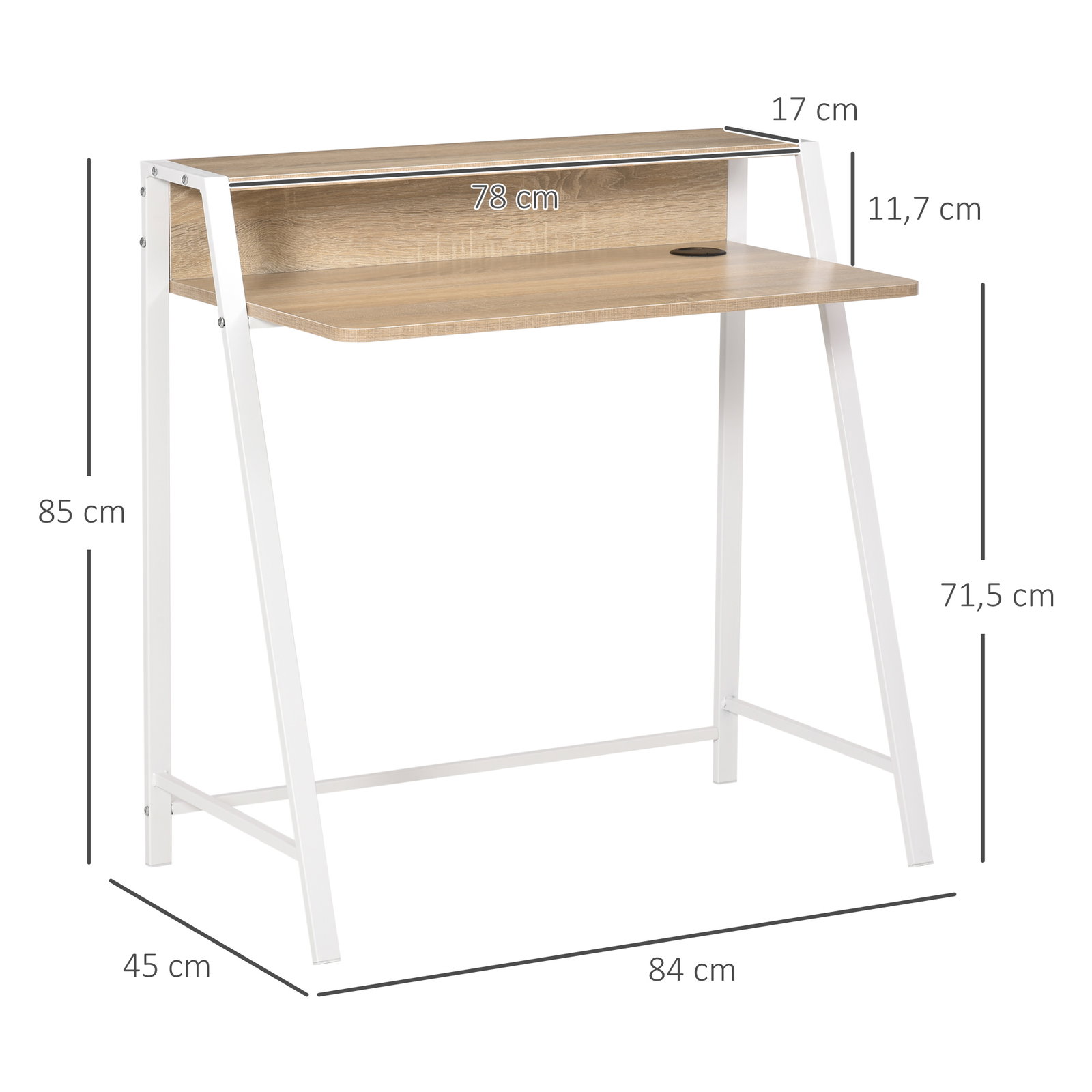 Secretária mesa de computador 84x45x85cm com bancada de madeira e pés de metal estilo moderno carvalho e branco