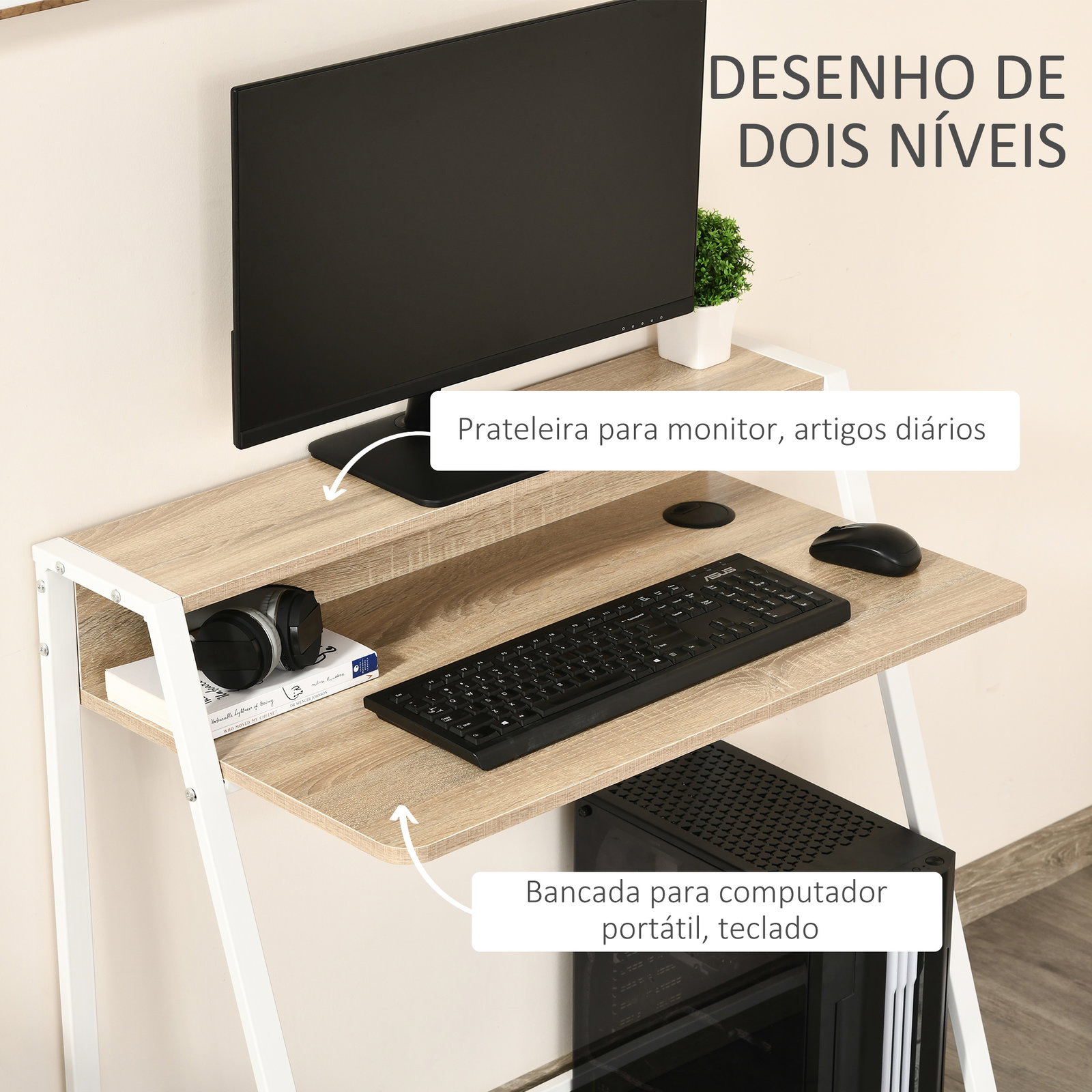 Secretária mesa de computador 84x45x85cm com bancada de madeira e pés de metal estilo moderno carvalho e branco