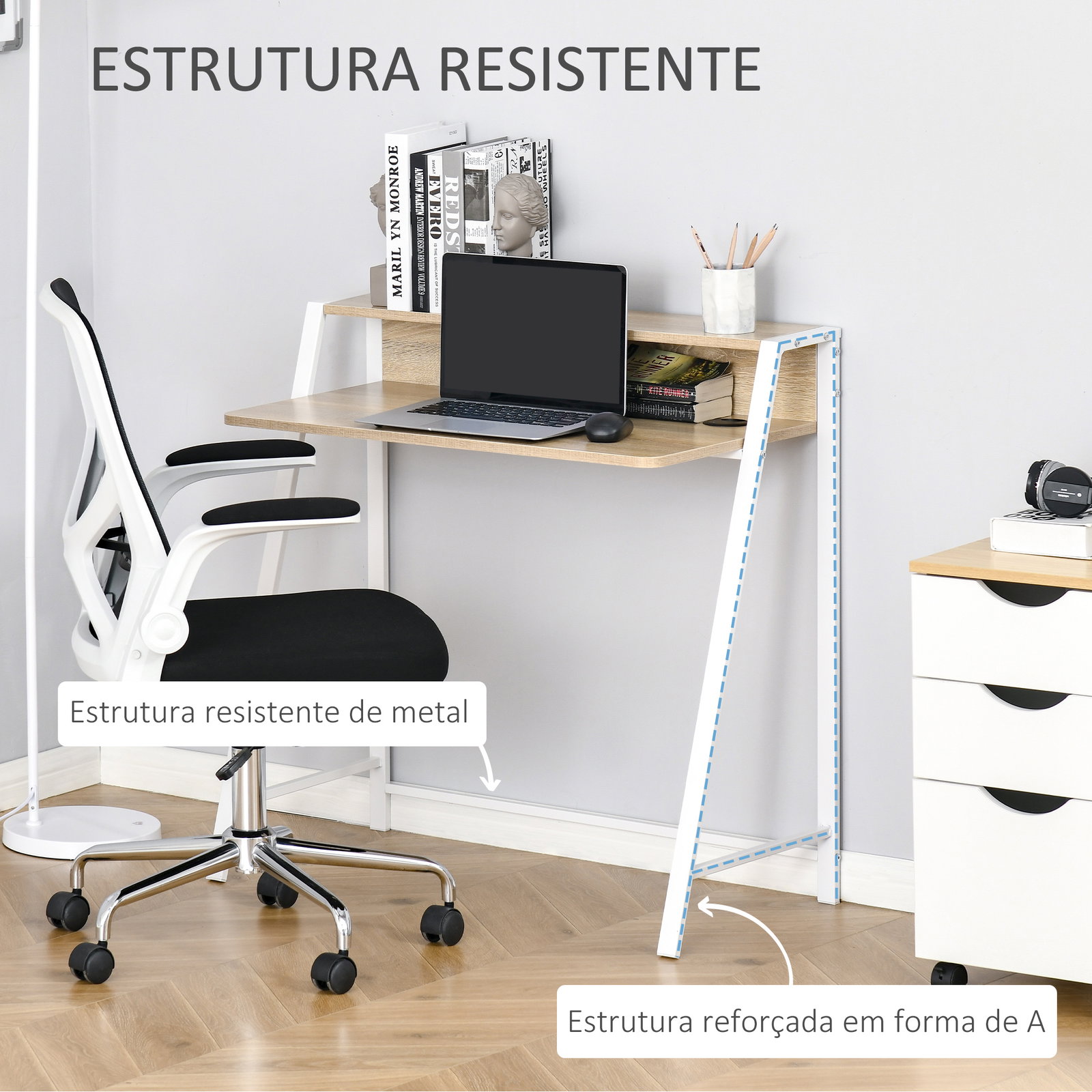 Secretária mesa de computador 84x45x85cm com bancada de madeira e pés de metal estilo moderno carvalho e branco