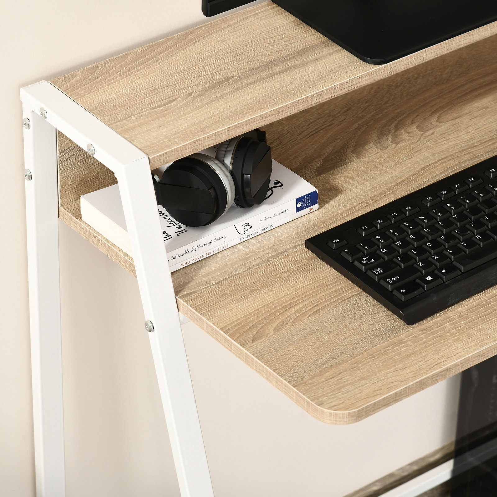 Secretária mesa de computador 84x45x85cm com bancada de madeira e pés de metal estilo moderno carvalho e branco